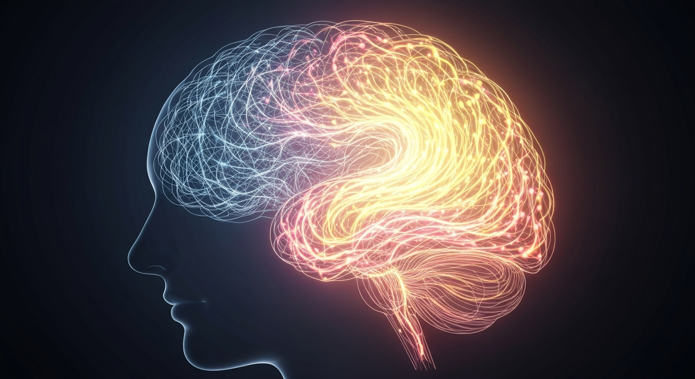 Abstract illustration of a human brain with glowing neural pathways, symbolizing the brain's ability to rewire for positive thoughts and joy.