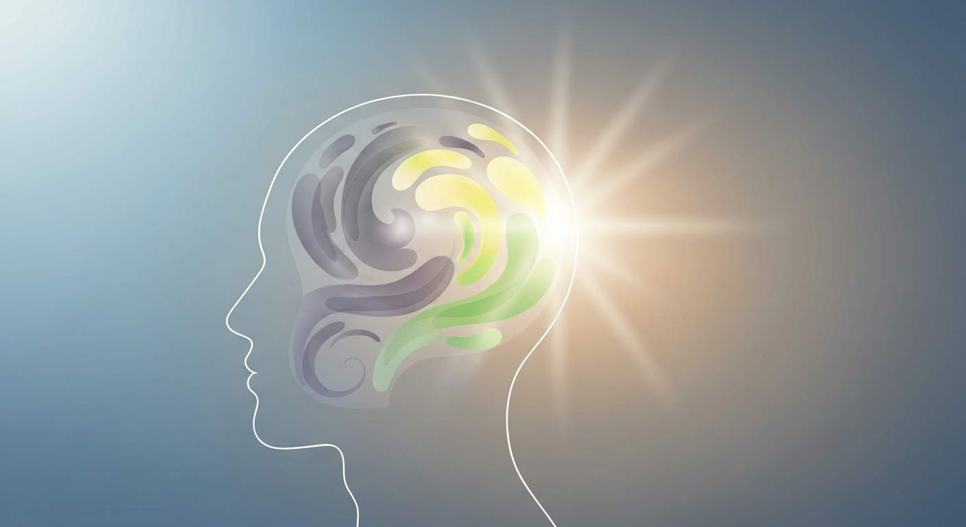 A side profile illustration of a human head, with abstract grey and purple shapes on one side transitioning into bright yellow and green shapes on the other, symbolizing a shift from negative to positive thinking.