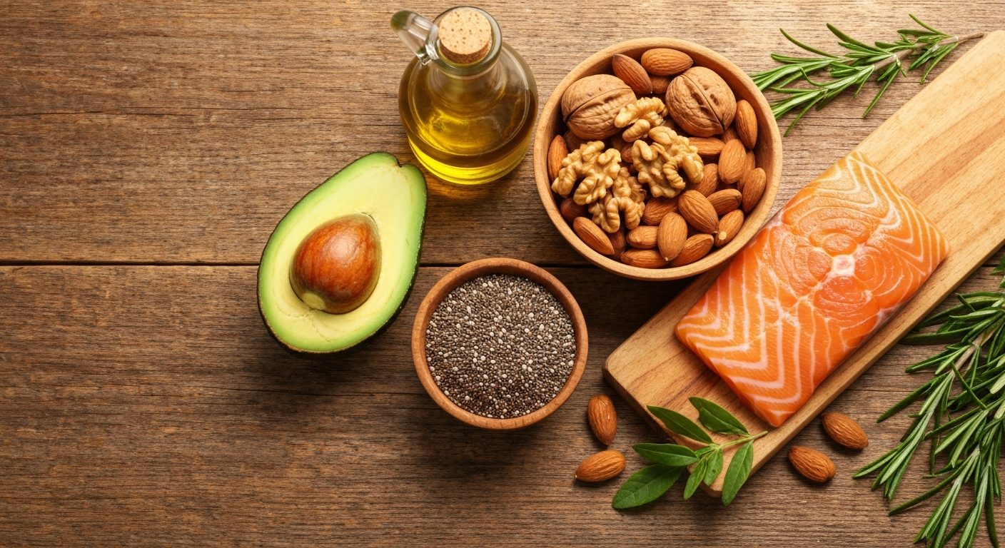 An overhead shot of a wooden table featuring various healthy fats: sliced avocado, olive oil, walnuts, almonds, chia seeds, and salmon, with fresh herbs, bathed in warm light.