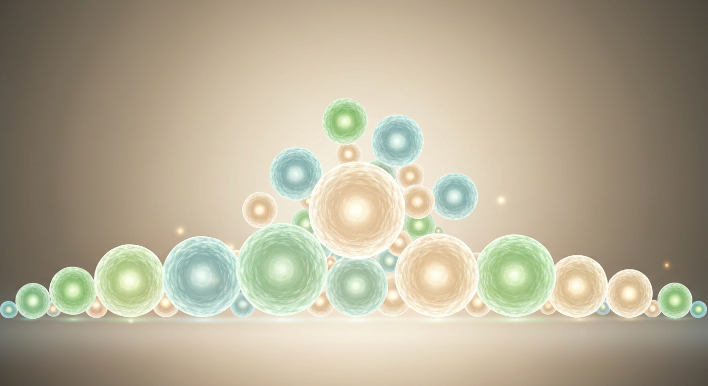 A modern medical illustration showing a cluster of glowing, healthy cells in soft greens and blues, forming a foundational structure, representing the building blocks of health.
