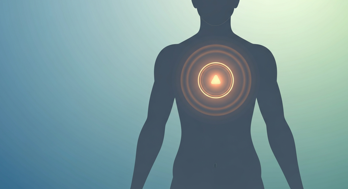 Abstract medical illustration of a human silhouette with a softly glowing warning light in the torso, representing inflammation as a body's signal.