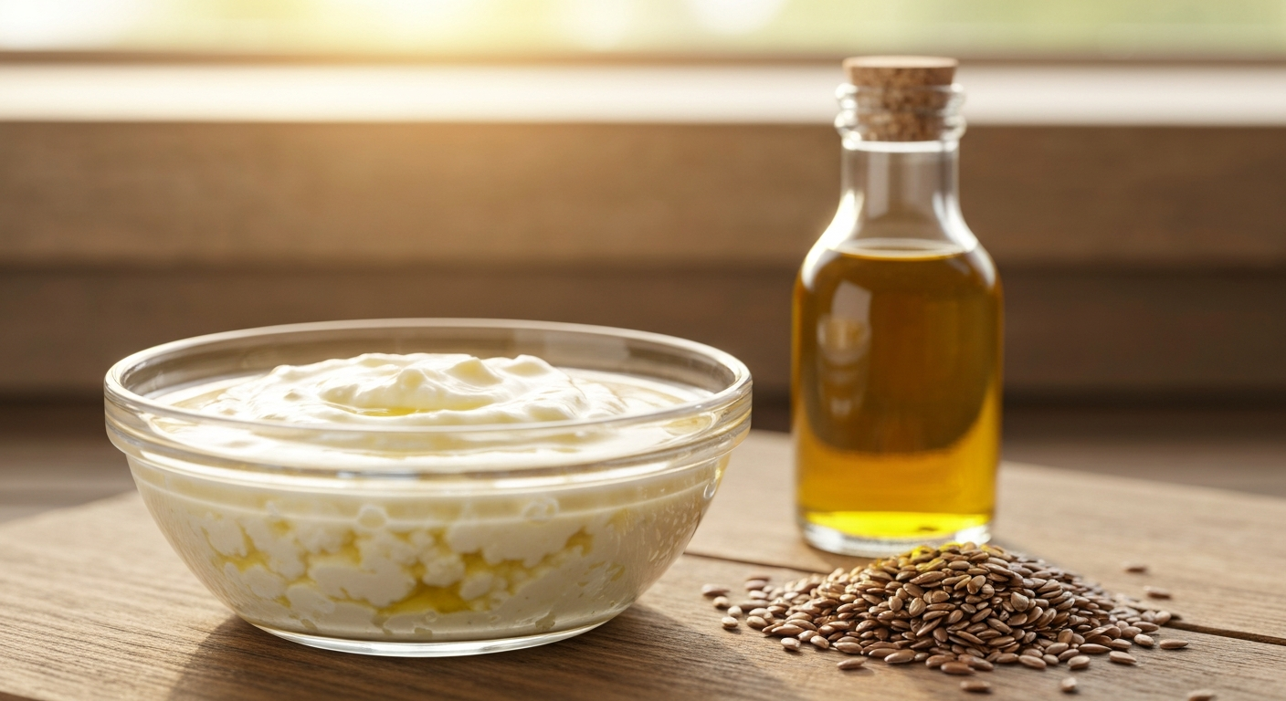 A creamy, light yellow mixture of cottage cheese and flaxseed oil in a glass bowl, with a bottle of flaxseed oil and whole flaxseeds beside it on a wooden surface.