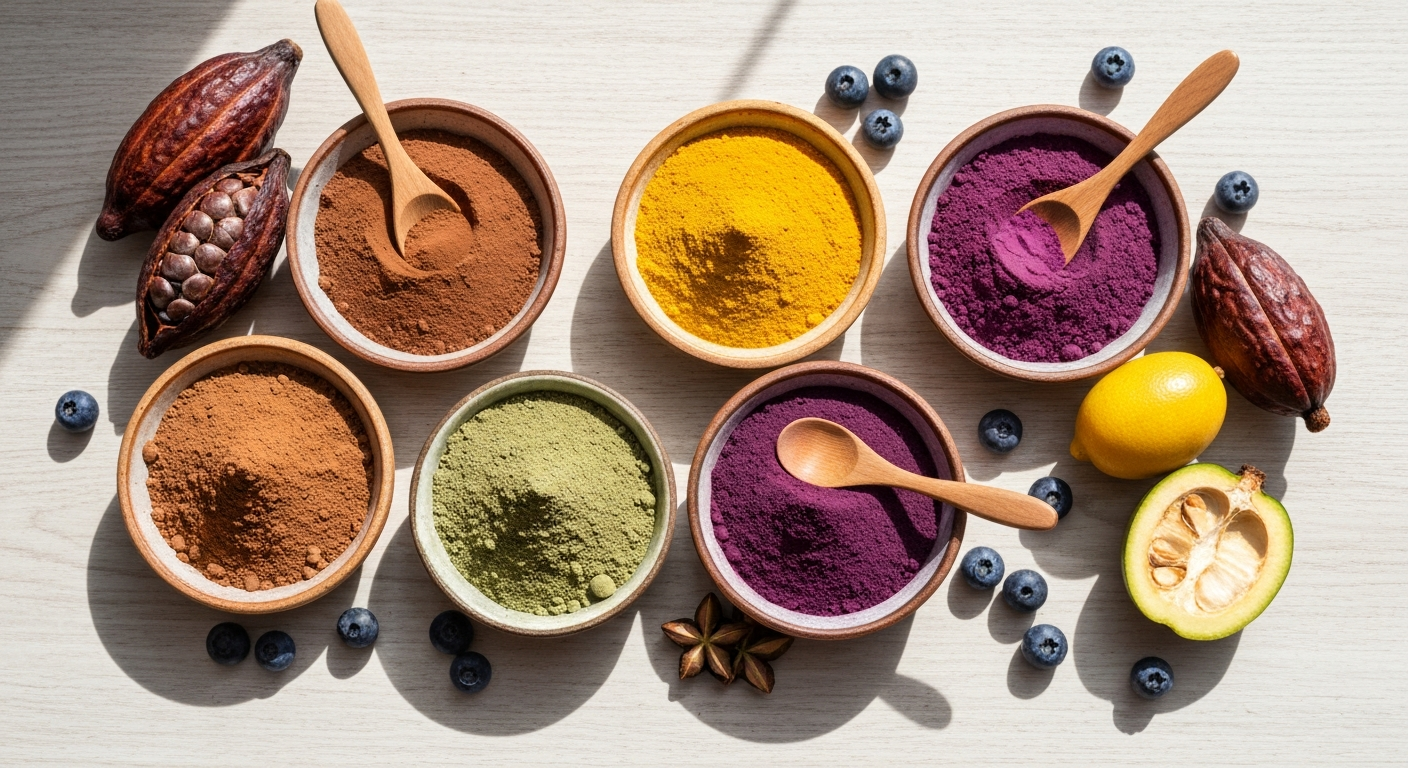 An overhead shot of various superfood powders in small ceramic bowls, surrounded by fresh ingredients like blueberries, cacao pods, and lucuma fruit, on a light wooden surface.