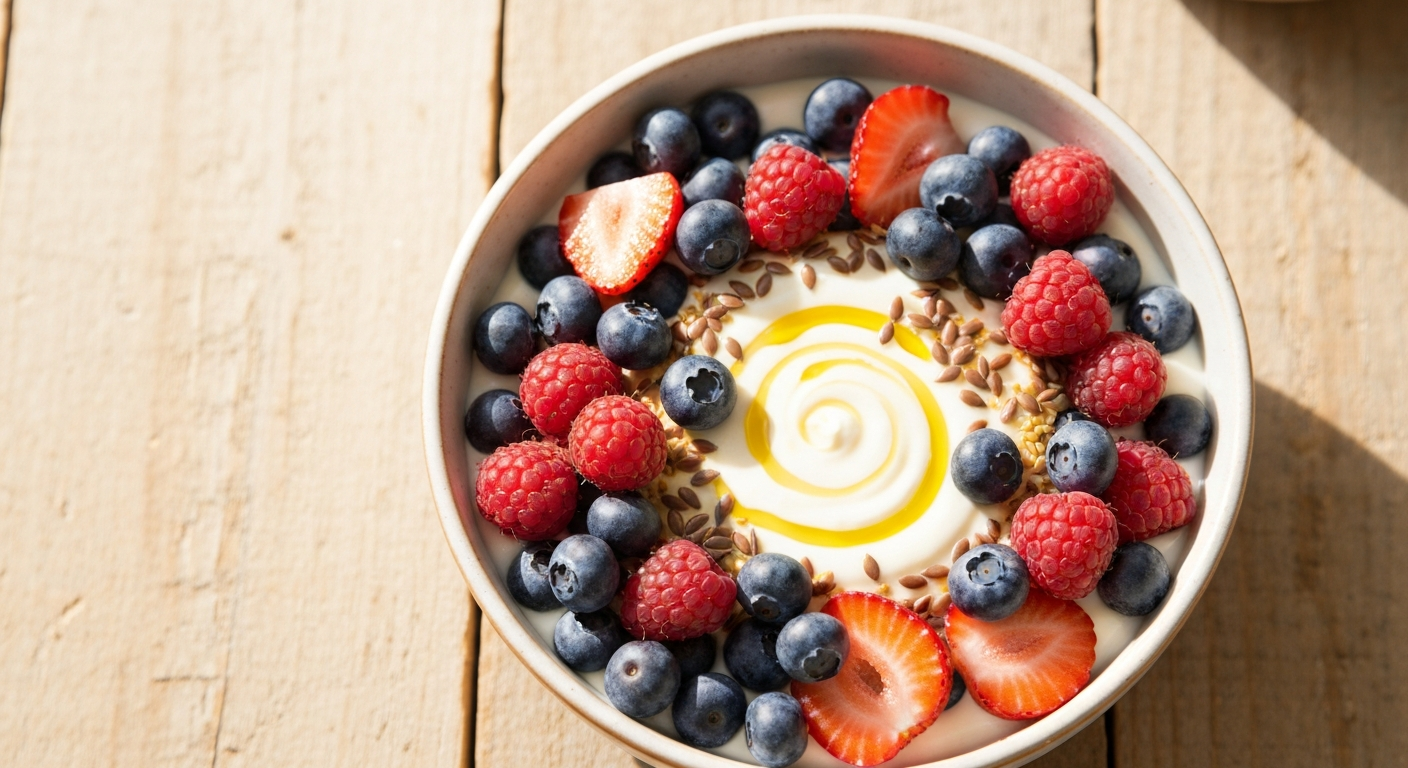A vibrant bowl of Budwig cream topped with fresh berries and flax seeds on a wooden table.