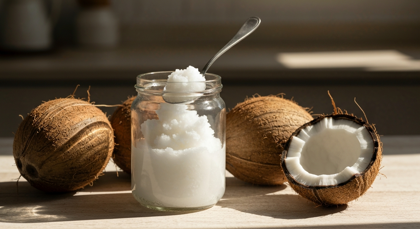 A clear glass jar of solid coconut oil with a spoon, surrounded by fresh whole and cracked coconuts on a light wooden surface, bathed in warm sunlight.