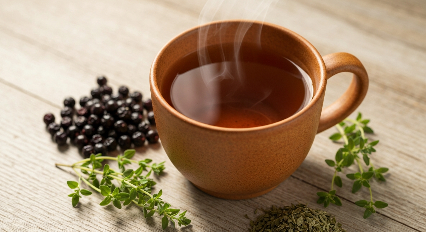 A steaming mug of herbal tea surrounded by fresh thyme sprigs and dried elderberries on a wooden table, viewed from above.
