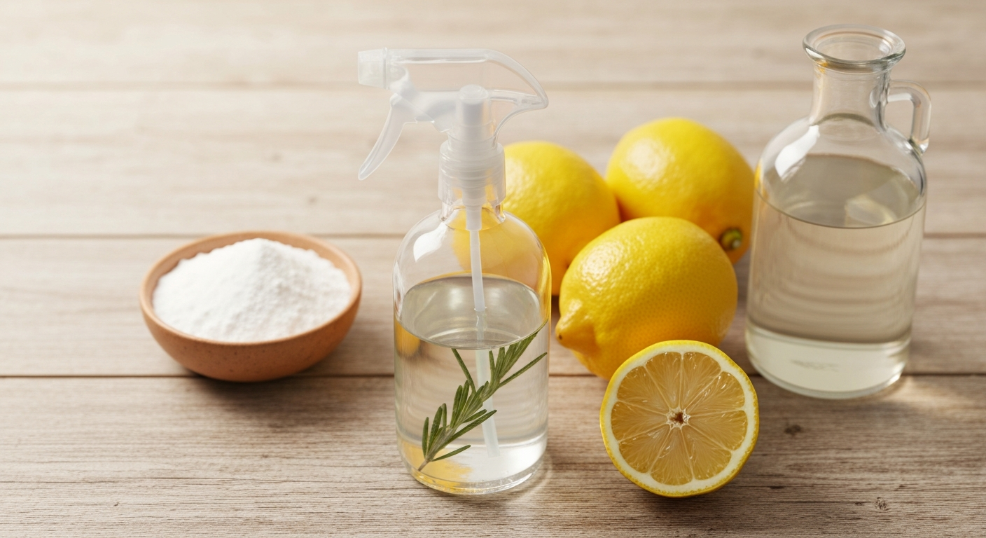 A clear glass spray bottle with a homemade cleaner and fresh herbs, surrounded by baking soda, white vinegar, and lemons on a wooden counter, bathed in warm light.
