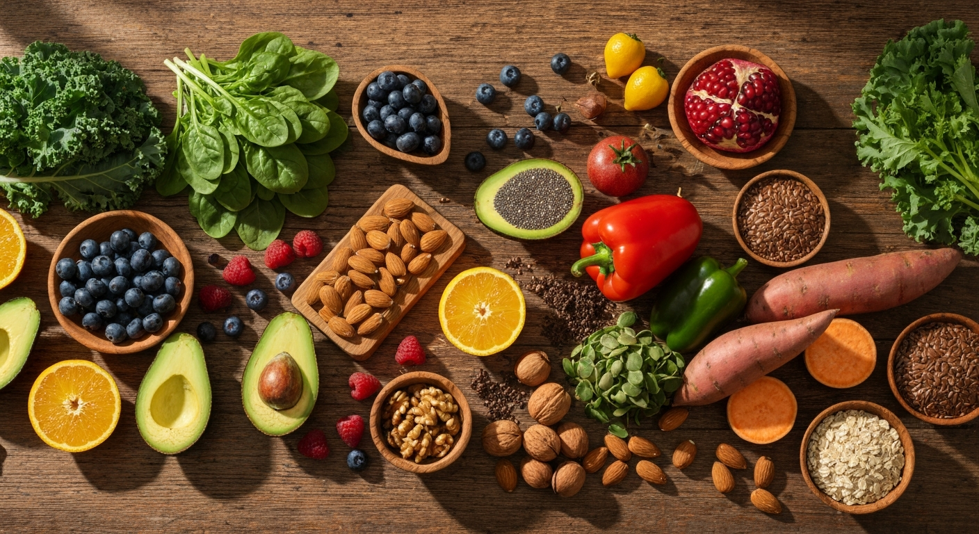 An overhead view of a rustic wooden table overflowing with a colorful variety of fresh fruits, vegetables, nuts, and seeds, representing wholesome superfoods.