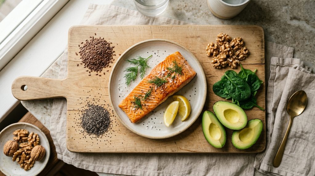 A vibrant, overhead shot of a healthy meal rich in Omega-3 fatty acids, featuring a perfectly cooked salmon fillet garnished with fresh dill, surrounded by small piles of flax seeds, chia seeds, and walnuts, and slices of avocado on a light wooden surface. The scene is bathed in warm, natural light, emphasizing freshness and wellness.
