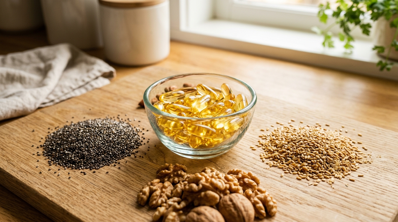 A glass bowl of golden omega-3 capsules surrounded by flax seeds, chia seeds, and walnuts on a light wooden table, lit with warm natural light.