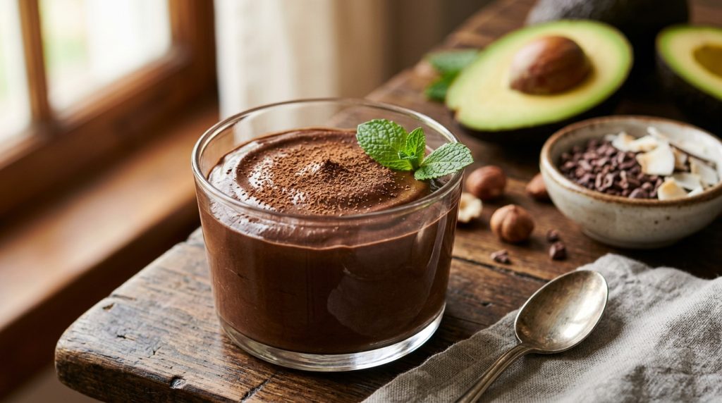 A close-up of dark, rich ketogenic vegan chocolate mousse in a glass cup, garnished with a mint leaf and cacao powder, with blurred whole ingredients like avocado and cacao nibs in the background.