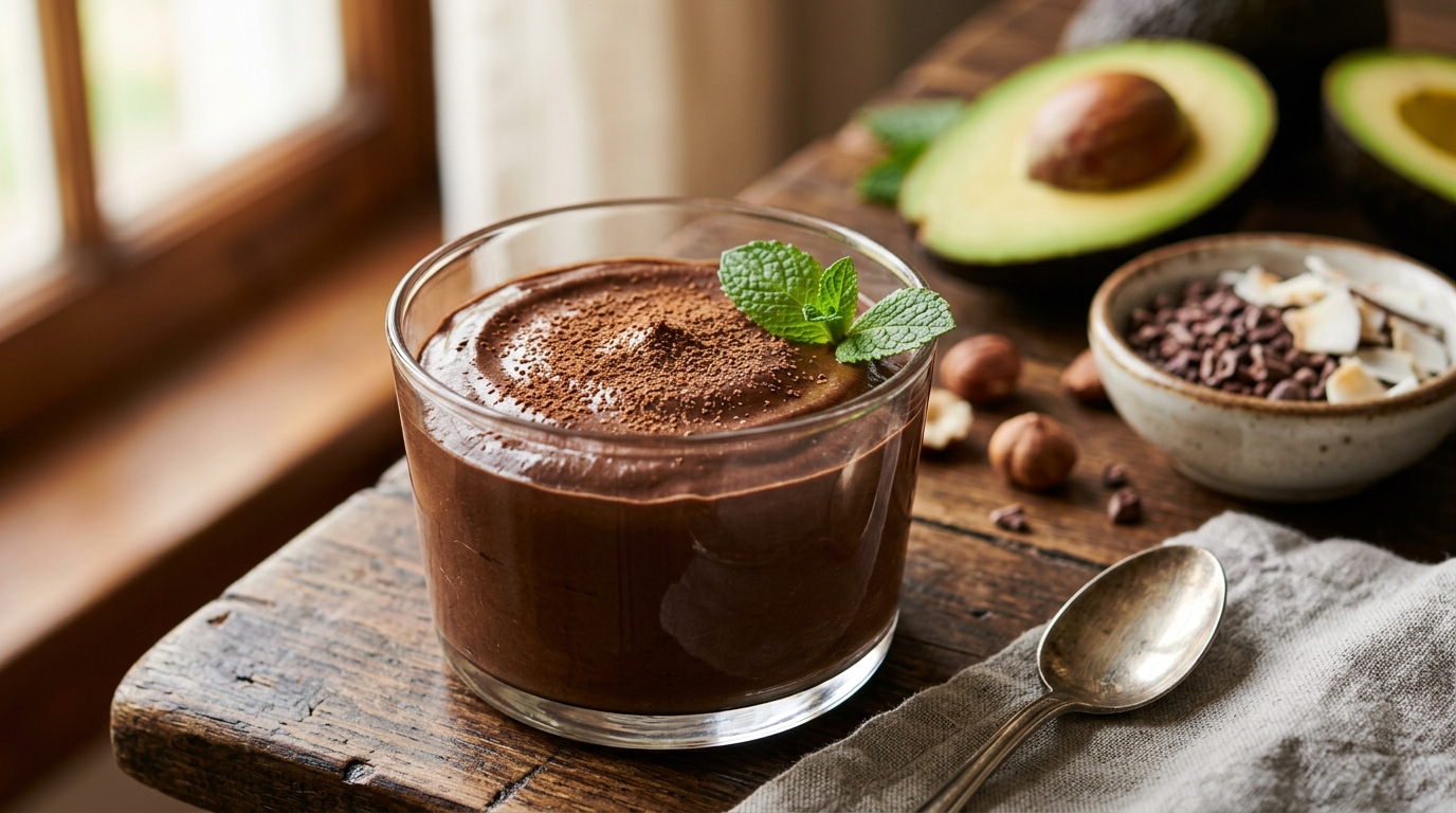 A close-up of dark, rich ketogenic vegan chocolate mousse in a glass cup, garnished with a mint leaf and cacao powder, with blurred whole ingredients like avocado and cacao nibs in the background.