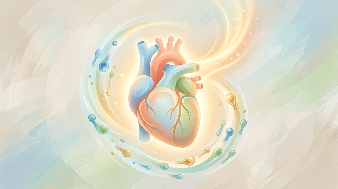 A modern medical illustration of a glowing, healthy human heart with abstract lipid particles flowing harmoniously around it, symbolizing a new understanding of cholesterol and its link to longevity.