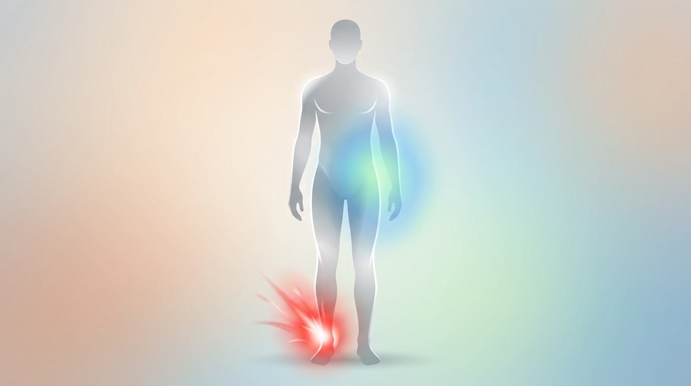A modern medical illustration of an abstract human silhouette. One ankle shows a sharp, localized red glow for acute pain, while the lower back has a diffuse, soft blue-green glow for chronic pain. The background is a calming gradient.