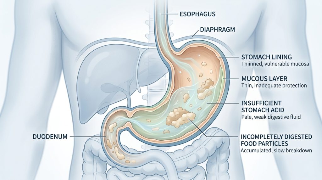 A medical illustration of a stomach with pale, weak digestive fluid and partially broken-down food, symbolizing low stomach acidity and inefficient digestion.