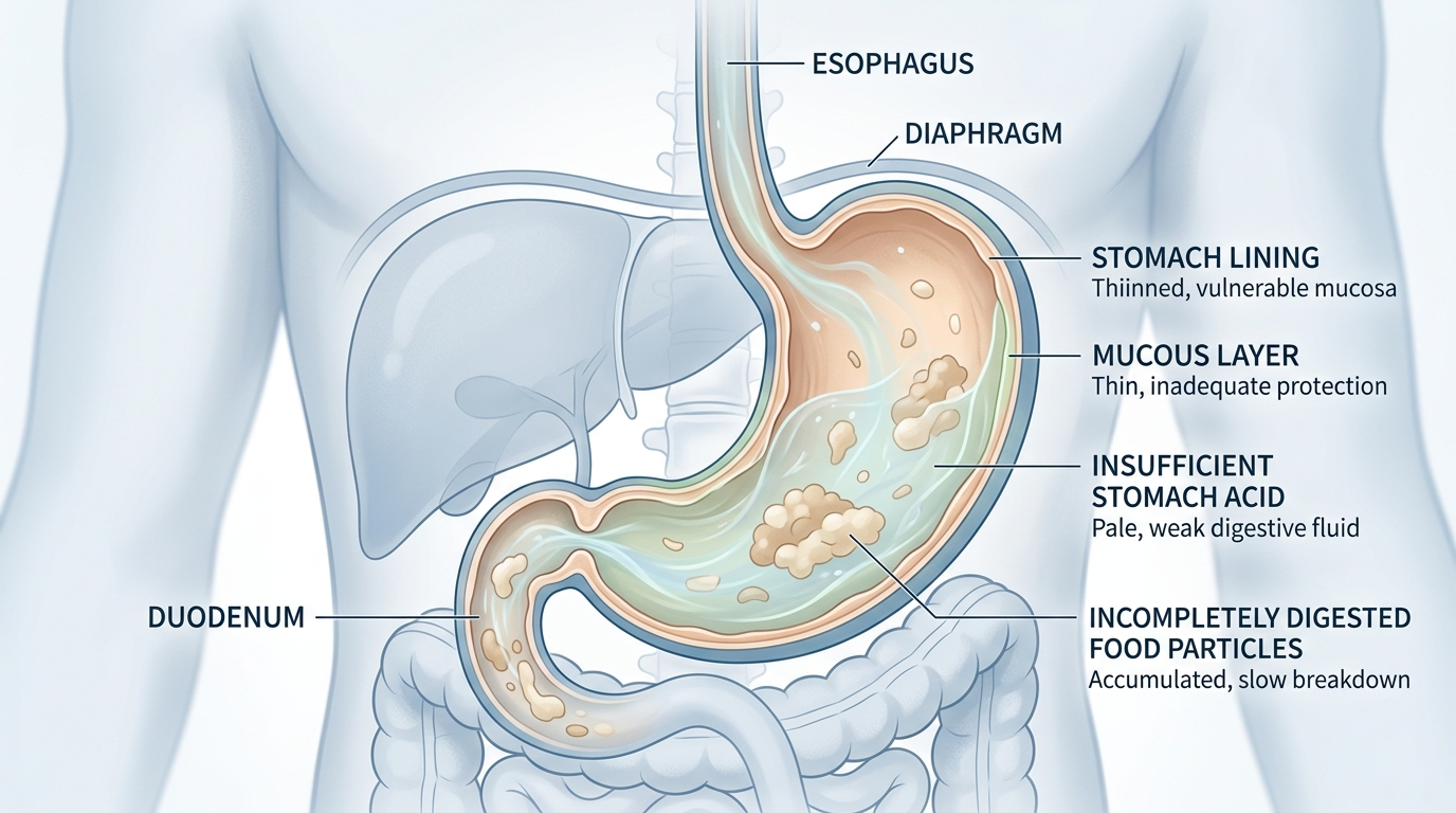 A medical illustration of a stomach with pale, weak digestive fluid and partially broken-down food, symbolizing low stomach acidity and inefficient digestion.