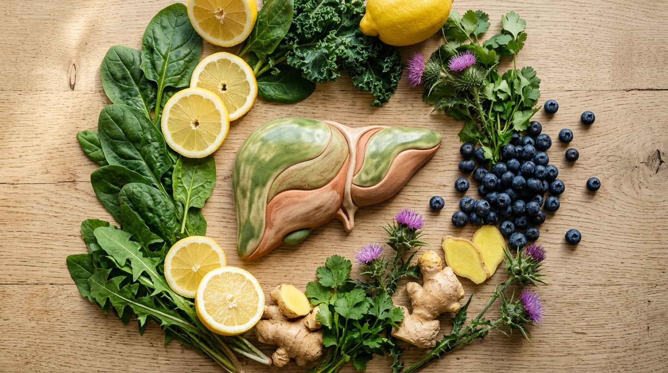 A photorealistic image of a stylized liver shape surrounded by an artful arrangement of fresh detox-supporting ingredients like lemons, ginger, leafy greens, blueberries, and milk thistle, bathed in warm natural light.