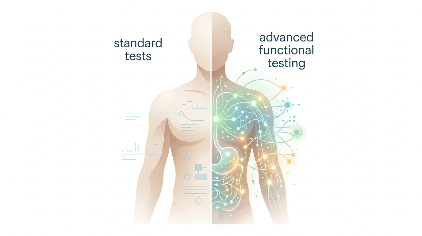 A stylized medical illustration showing an abstract human torso. On the left, a few sparse lines represent limited standard lab tests. On the right, a dense, glowing network of colorful lines and data points illustrates comprehensive advanced functional testing, revealing a detailed view of internal health.