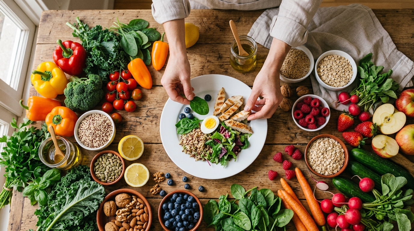 A pair of hands carefully selects fresh, colorful vegetables and whole grains from a diverse spread on a rustic wooden table, arranging them on a plate, symbolizing personalized nutrition and individual food choices.