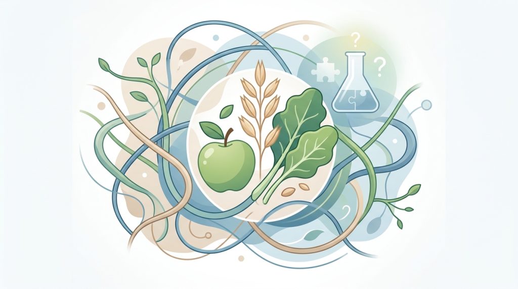 A stylized medical illustration showing healthy foods surrounded by abstract lines representing the body's internal systems, with a subtle, questioning medical test tube in the background, symbolizing the complex and often unreliable diagnosis of food sensitivities.