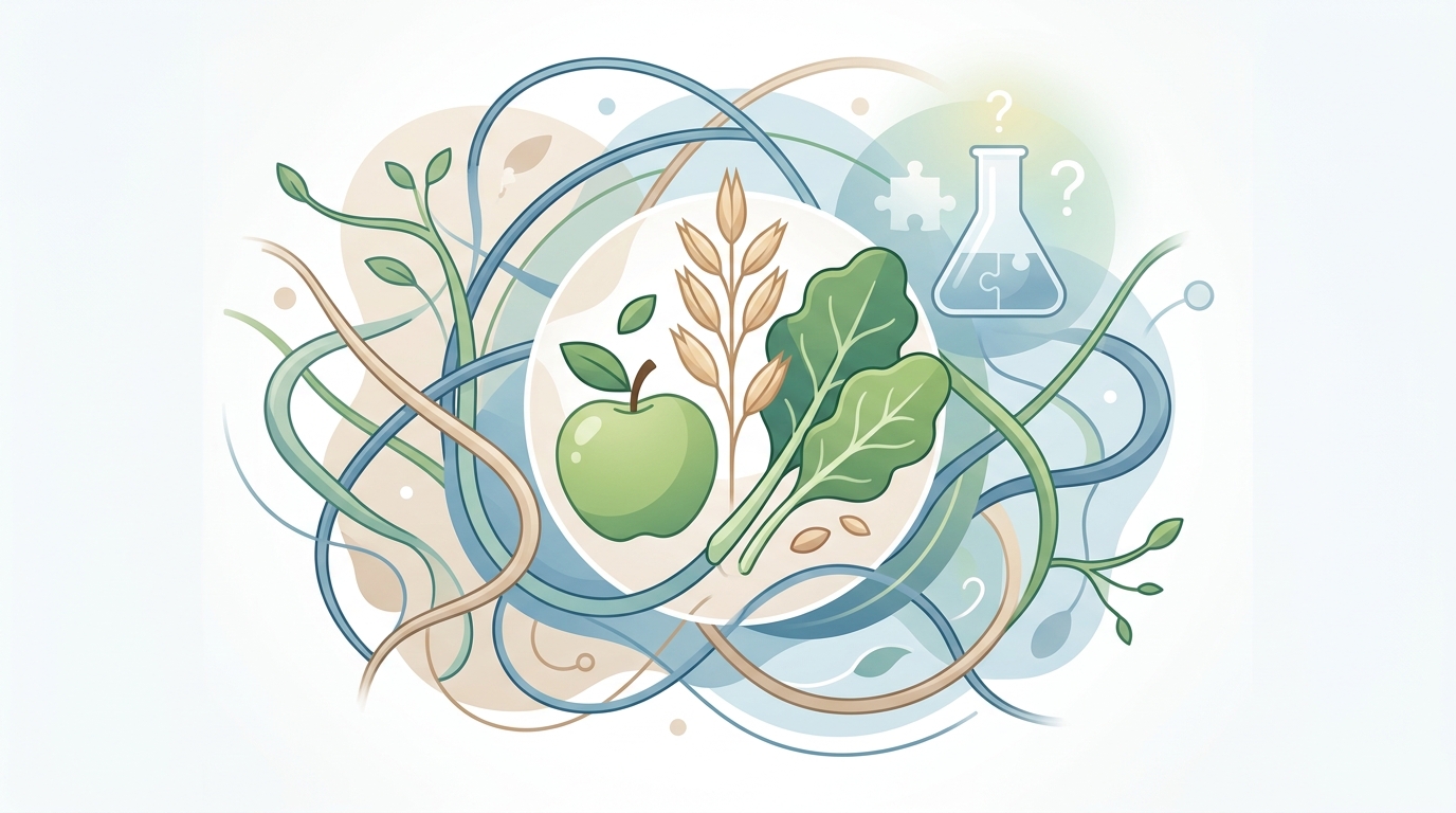 A stylized medical illustration showing healthy foods surrounded by abstract lines representing the body's internal systems, with a subtle, questioning medical test tube in the background, symbolizing the complex and often unreliable diagnosis of food sensitivities.