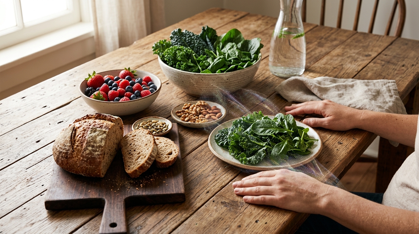 A pair of hands gently rests on a rustic table filled with colorful, fresh foods like berries, greens, and bread. One hand subtly touches the stomach, with a very faint, ethereal shimmer over the scene, symbolizing hidden food sensitivities and their subtle impact on health.
