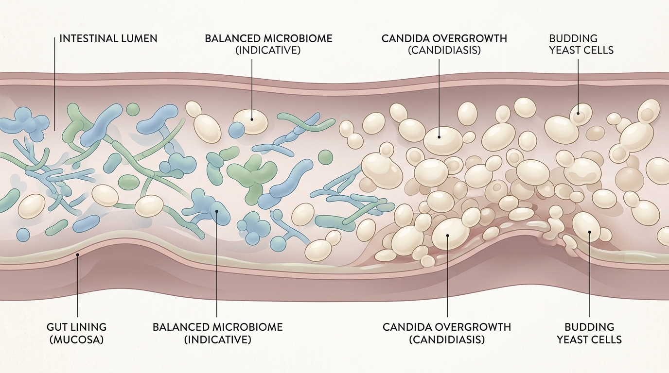 Medical illustration of a gut cross-section showing an overgrowth of Candida yeast cells dominating the healthy microbiome, depicted with soft colors.