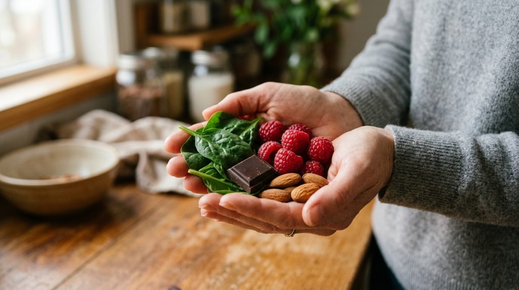 Hands gently holding a vibrant collection of nutrient-rich foods like spinach, berries, dark chocolate, and almonds, symbolizing a natural approach to overcoming anemia and restoring energy.