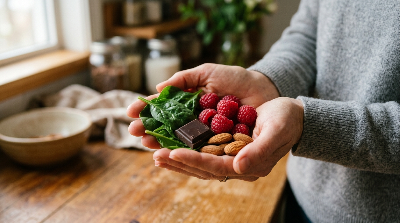 Hands gently holding a vibrant collection of nutrient-rich foods like spinach, berries, dark chocolate, and almonds, symbolizing a natural approach to overcoming anemia and restoring energy.