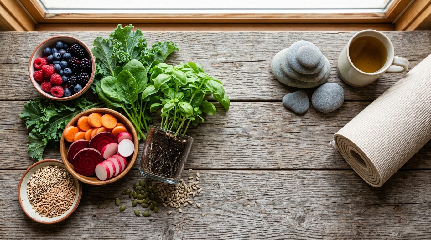 A vibrant, top-down view of various fresh produce like berries, leafy greens, and root vegetables, alongside a small potted herb plant with visible roots, on a rustic wooden surface, symbolizing foundational health and lifestyle changes.