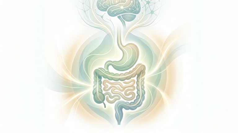 A clean medical illustration depicting the human digestive system (stomach and intestines) as a central hub, with soft, interconnected light pathways subtly extending outwards to represent its connection to overall body health and well-being.