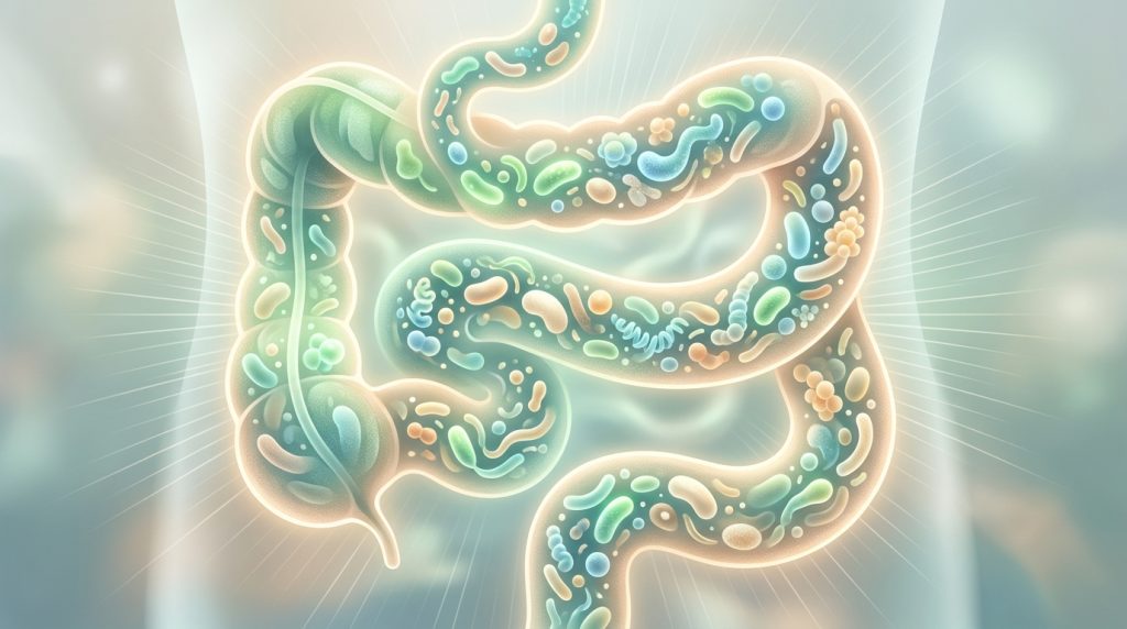 A clean, modern medical illustration of the human digestive tract, abstractly depicted, filled with a diverse and bustling community of healthy, abstract microbial forms in soft greens, blues, and warm neutral colors, subtly connecting to other body systems.