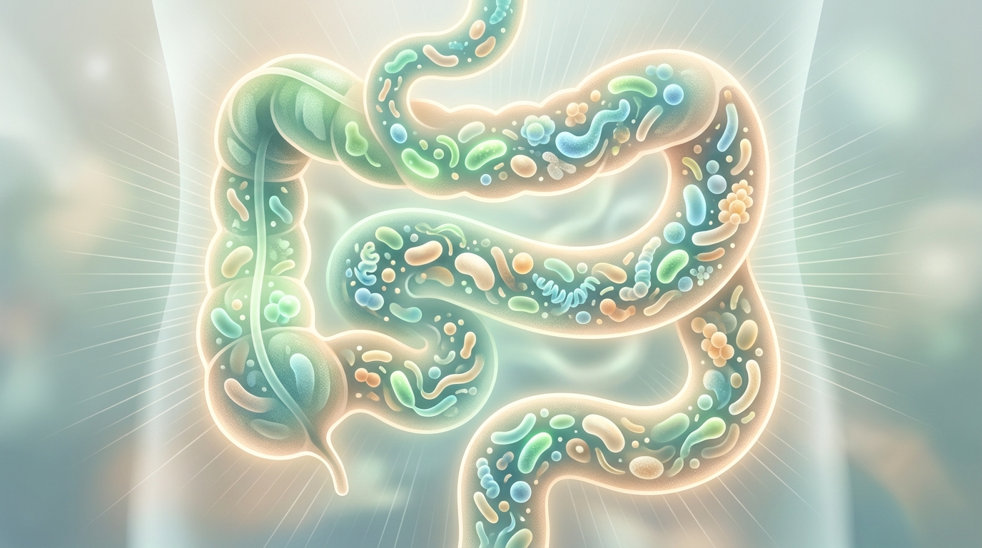 A clean, modern medical illustration of the human digestive tract, abstractly depicted, filled with a diverse and bustling community of healthy, abstract microbial forms in soft greens, blues, and warm neutral colors, subtly connecting to other body systems.
